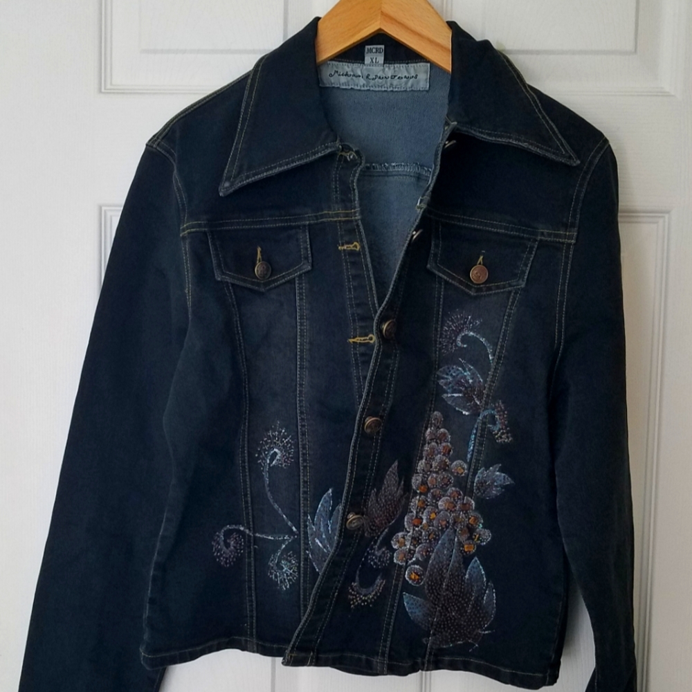 Vintage MichaelR Dan 1962 Y2k Retro Embellished Beaded Boho Cool Denim Jacket XL